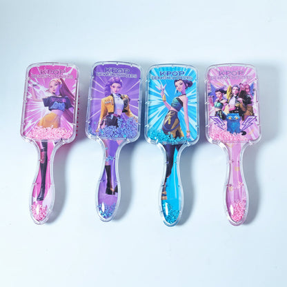 Four hairbrushes with colorful handles and character designs on a light gray background
