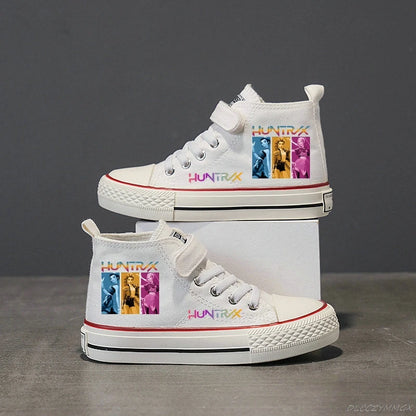 White sneakers with colorful graphic design on a dark background