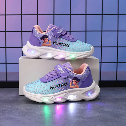 Children's LED shoes with a purple and blue design on a grid background
