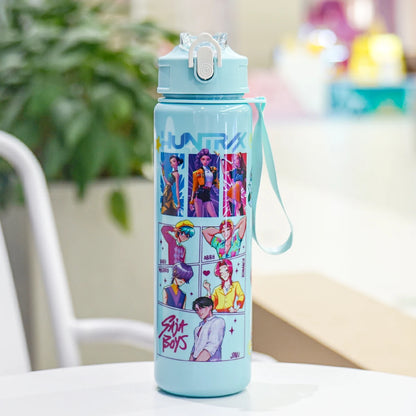Light blue water bottle with colorful character illustrations on a white surface.