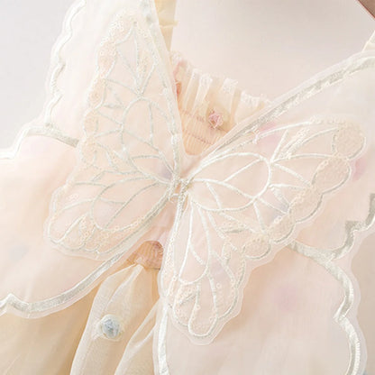 Close-up of a beige baby fairy dress with butterfly lace details on a white background