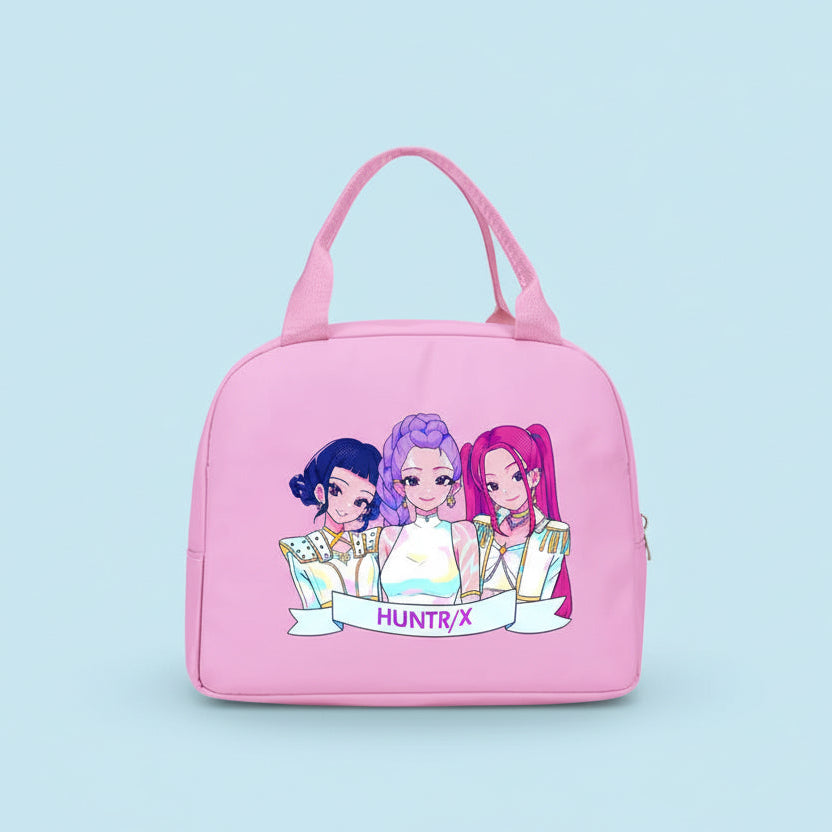 Pink bag with cartoon characters and 'HUNTR/X' text on a white background