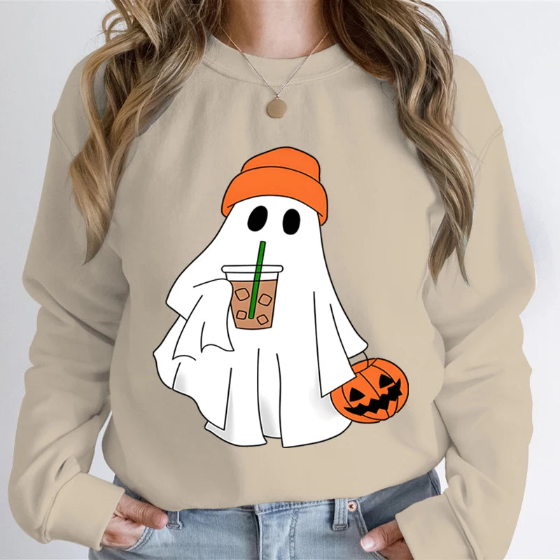 Beige Halloween Ghost Coffee Graphic Sweatshirt