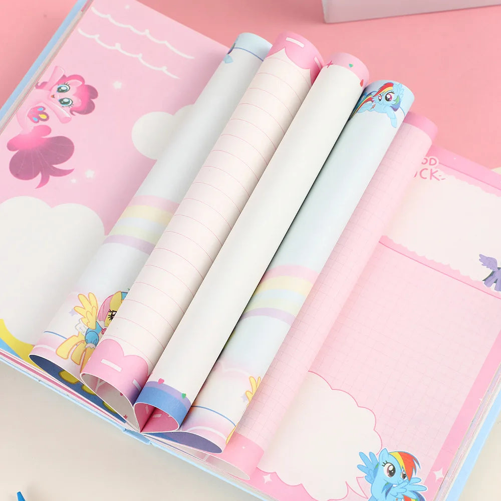 Set of colorful stationery items with cartoon designs on a pink background