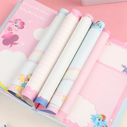 Set of colorful stationery items with cartoon designs on a pink background