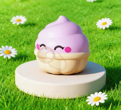 Purple ice cream toy with a face on a grassy background with daisies