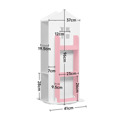 White and pink corner cabinet with dimensions labeled on a white background