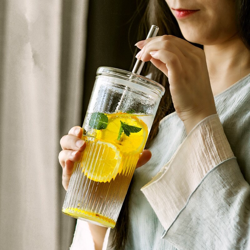 Transparent Glass Travel Cup With Lid and Straw - 600ml