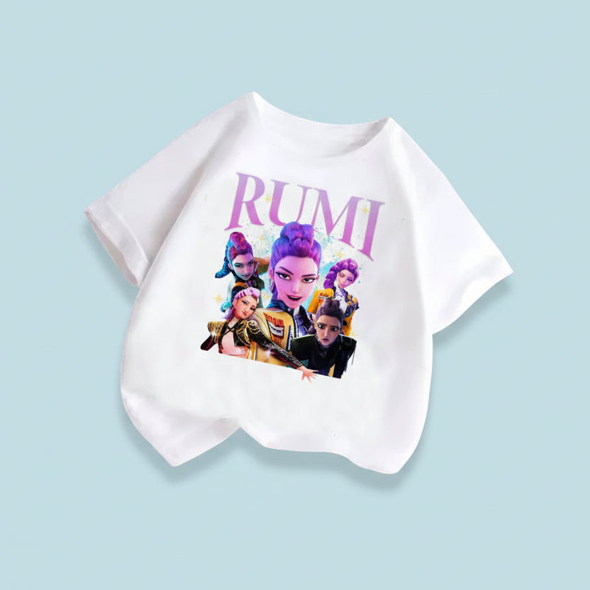 White t-shirt with colorful graphic design and 'RUMI' text on a light blue background