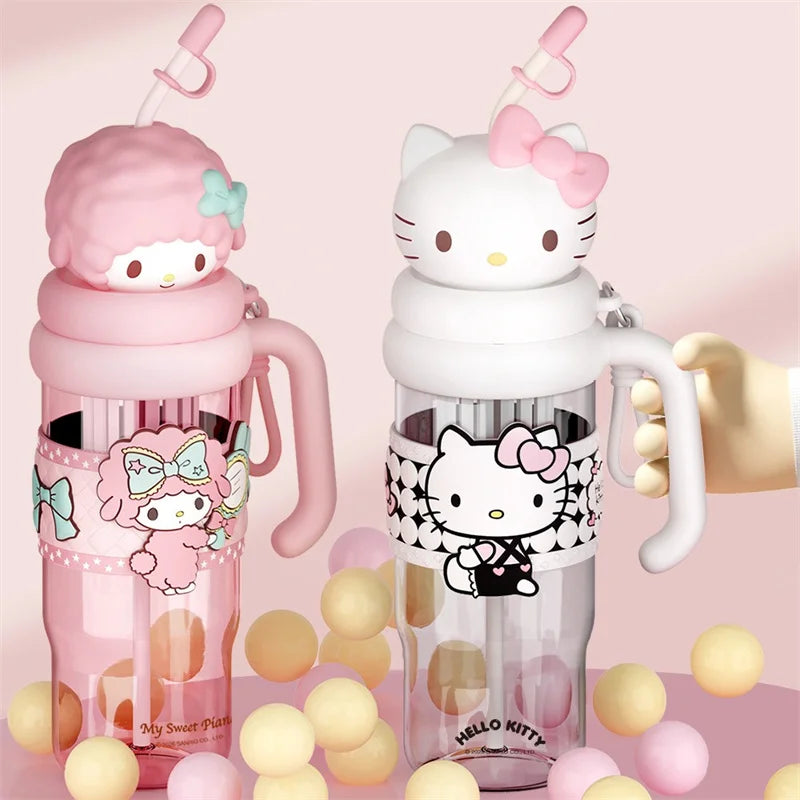 Two cartoon-themed water bottles, one pink and one white, with decorative elements on a pink background.