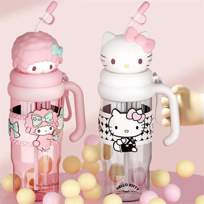 Two cartoon-themed water bottles, one pink and one white, with decorative elements on a pink background.