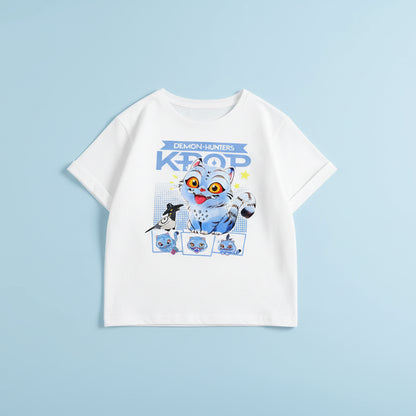 White t-shirt with cartoon character design on a light blue background