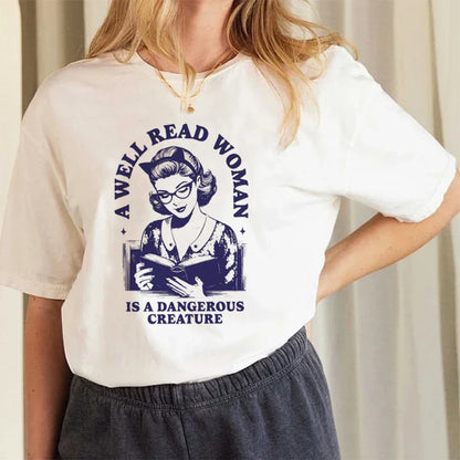 Model in Well Read Woman Book Lovers T Shirt