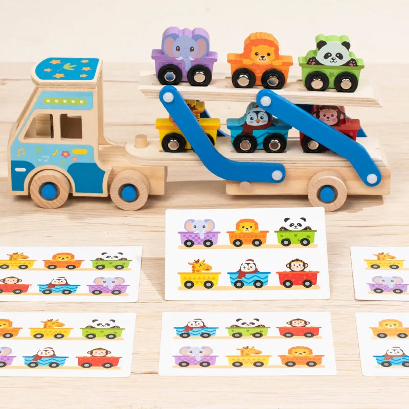 Wooden toy truck with colorful animals on a wooden surface, surrounded by matching card illustrations.