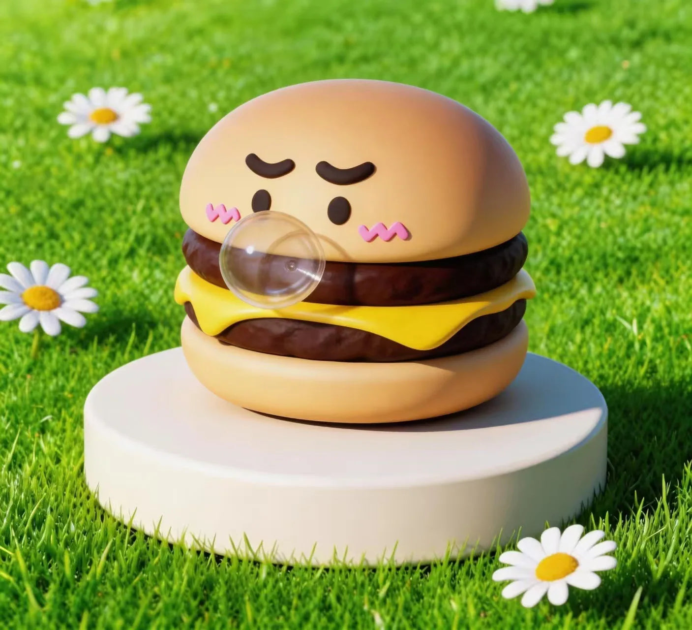 Toy hamburger with a face on a grassy background with daisies