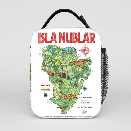 Bag with a map of 'Isla Nublar' featuring dinosaurs on a white background