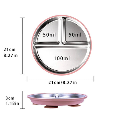 Measurement chart of a pink and silver divided baby plate with volume markings on a white background.