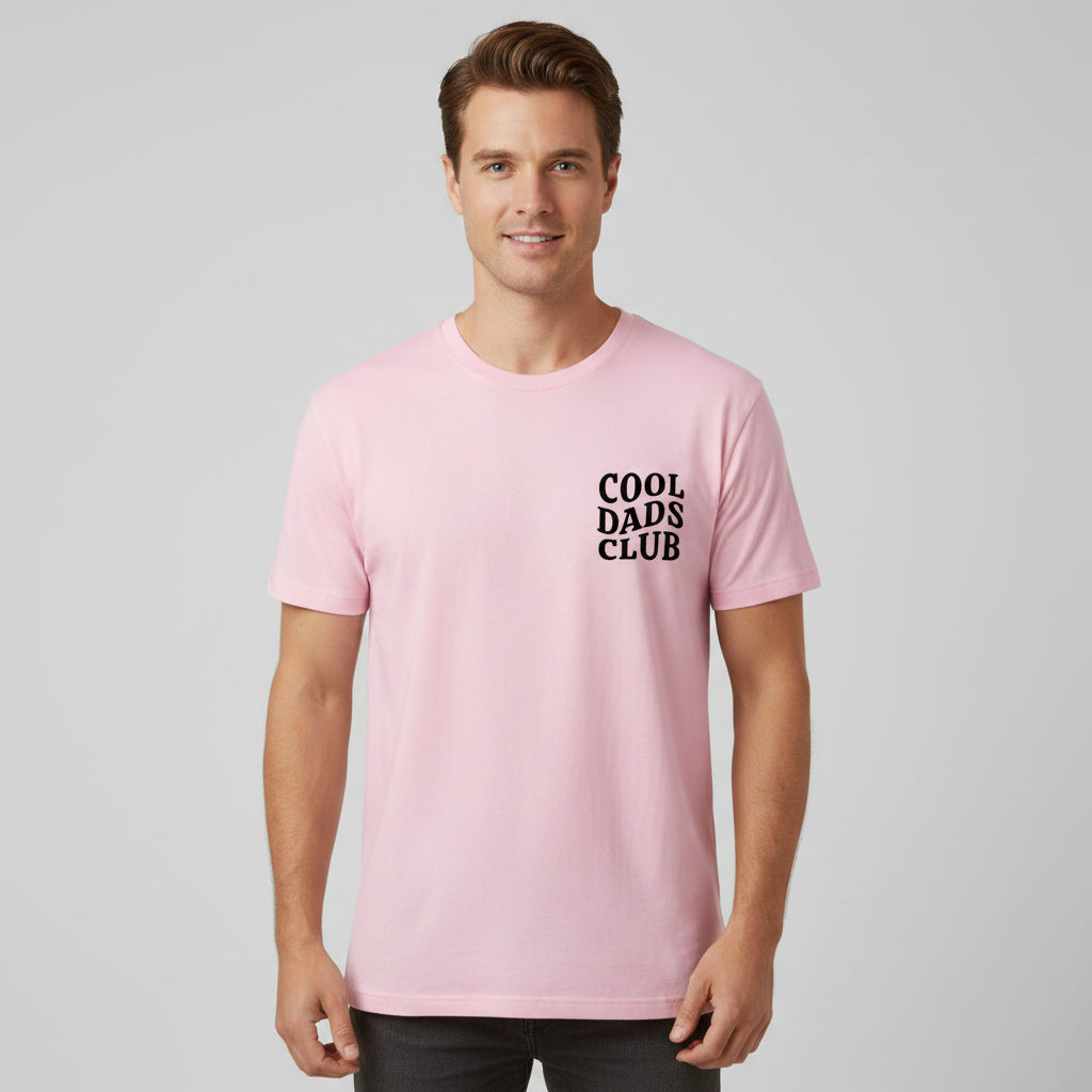 Man wearing pink cool dads club tshirt