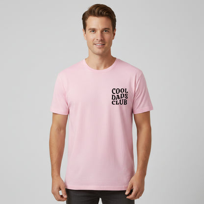 Man wearing pink cool dads club tshirt