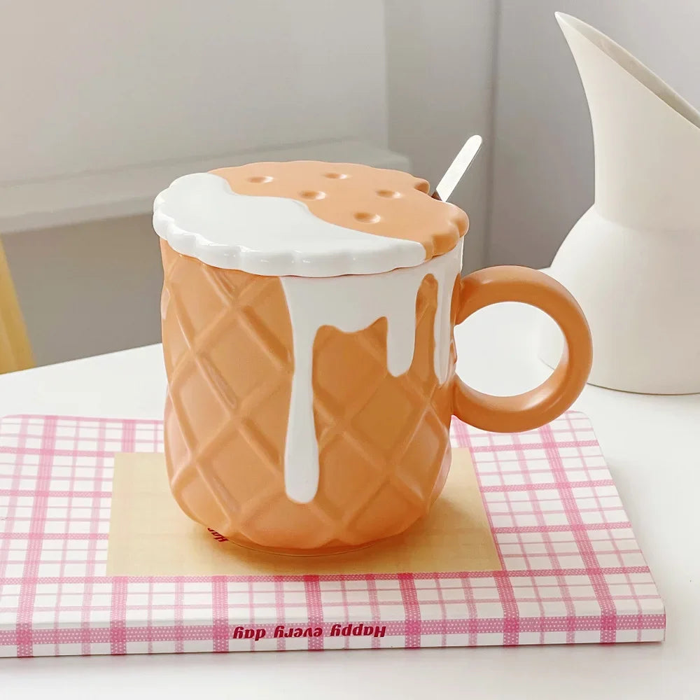 Cottagecore Biscuit Coffee Mug With Lid And Spoon