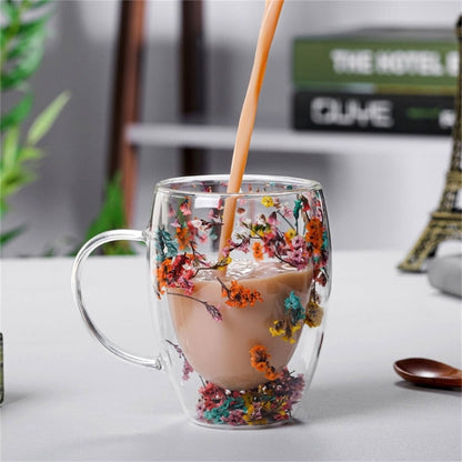 Dried Flower Glass Mug - tea being poured