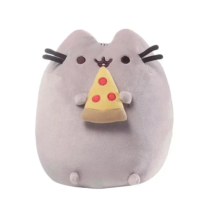 Plush toy resembling a cat holding a pizza slice on a white background