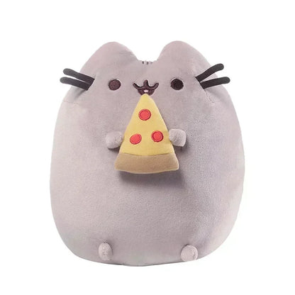 Plush toy resembling a cat holding a pizza slice on a white background