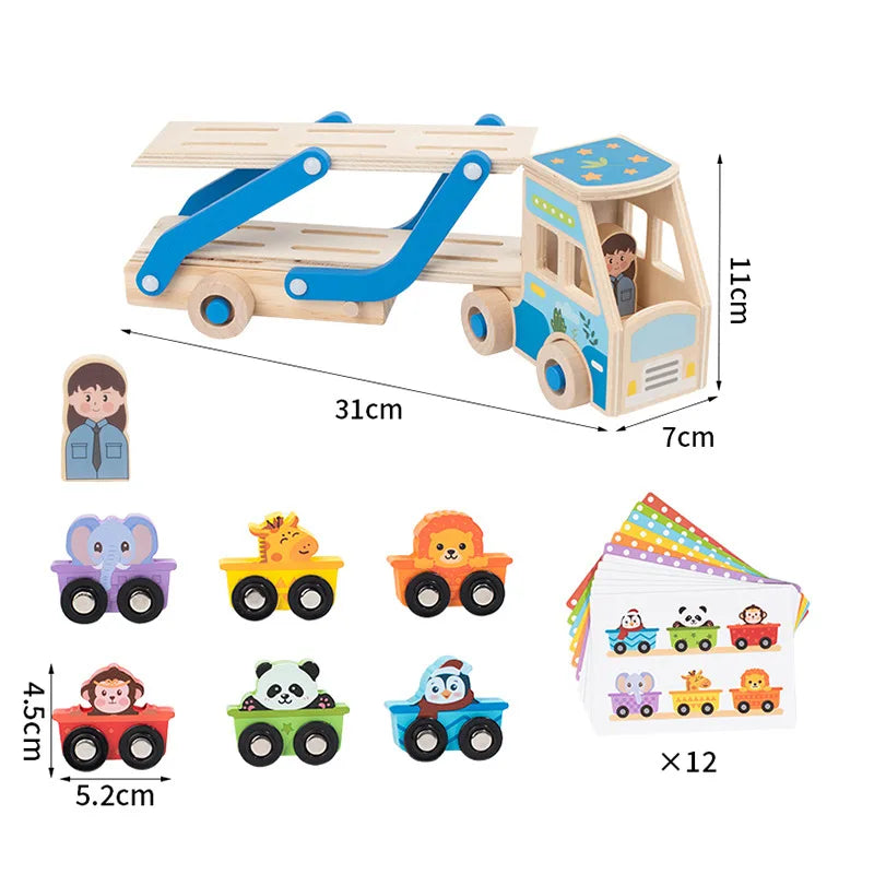 Wooden toy truck with flatbed and small vehicles, including dimensions and additional toys.