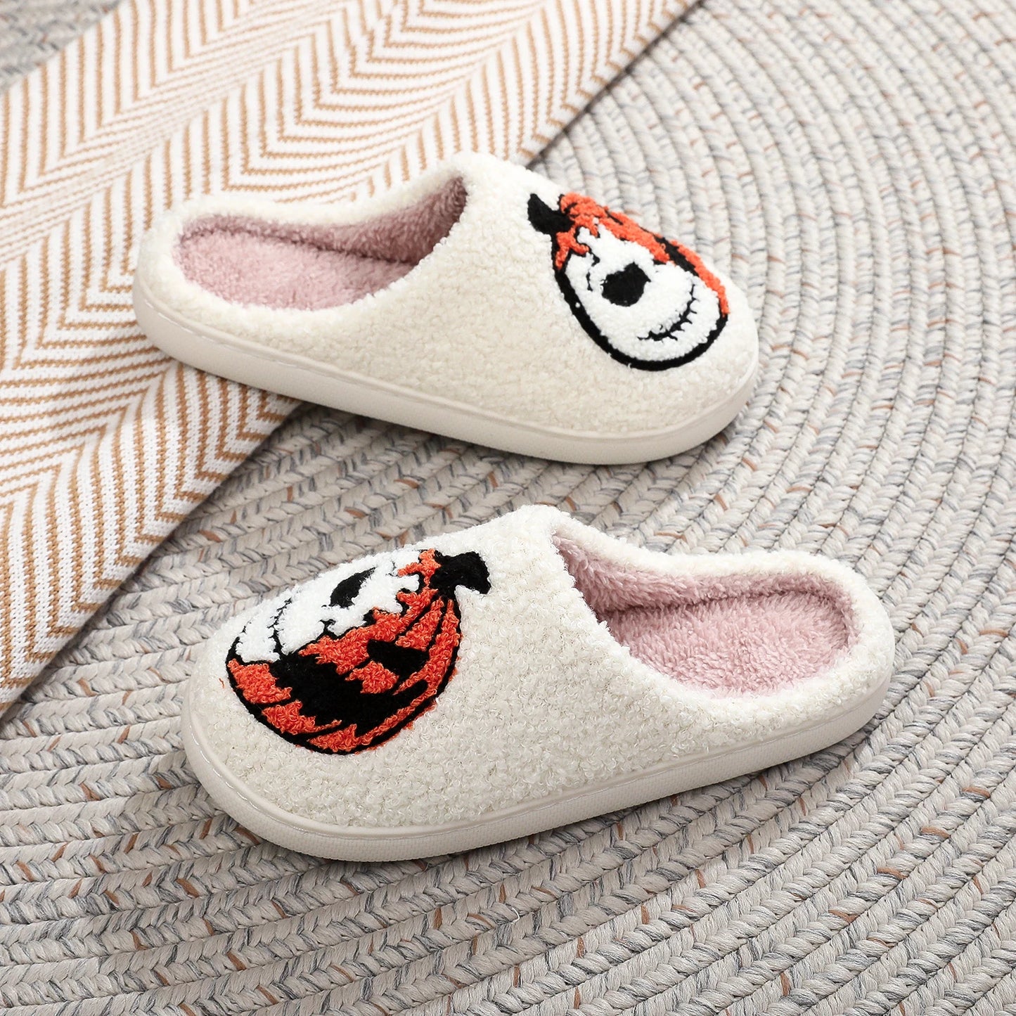 Halloween Pumpkin Embroidered Slippers side by side