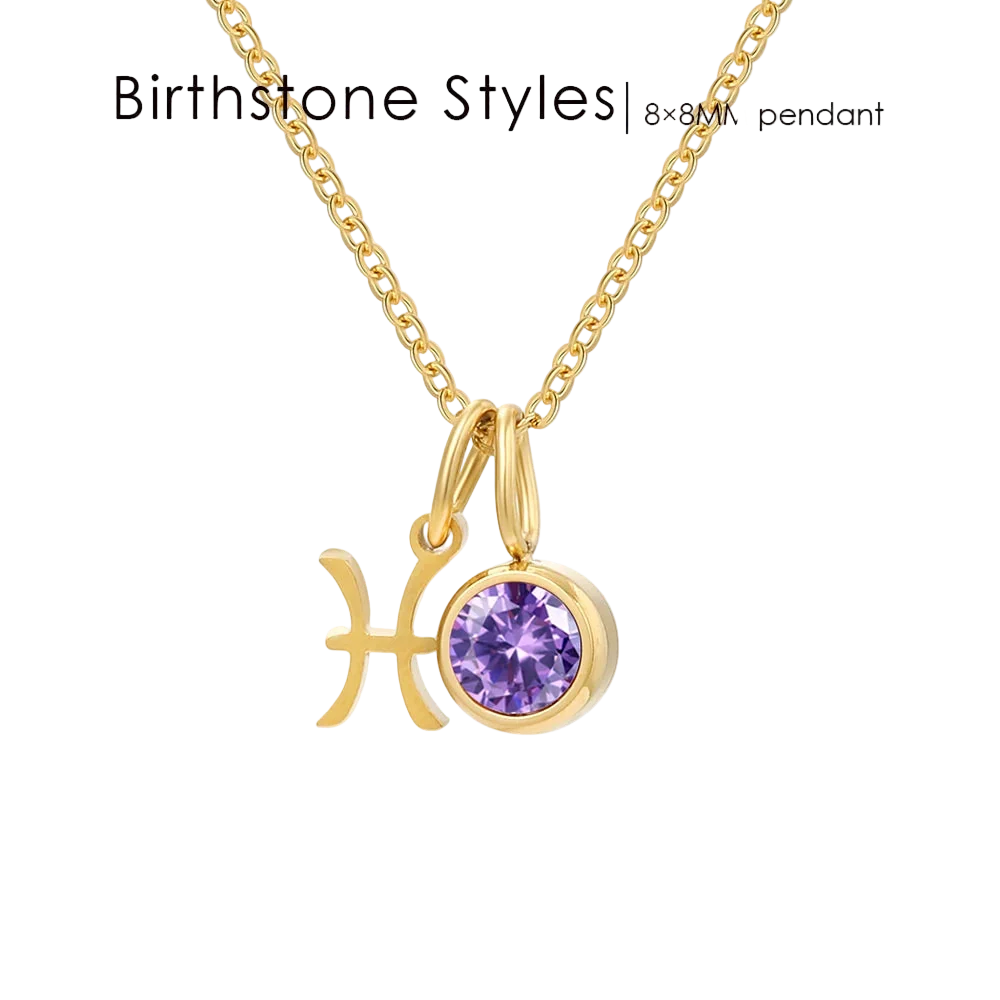 Gold chain necklace with a pendant featuring the Pisces zodiac symbol and a round purple gemstone, shown on a white background with the text 'Birthstone Styles | 8x8MM pendant'.