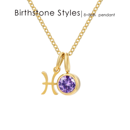 Gold chain necklace with a pendant featuring the Pisces zodiac symbol and a round purple gemstone, shown on a white background with the text 'Birthstone Styles | 8x8MM pendant'.
