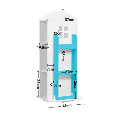 White and blue product with dimensions labeled on a white background