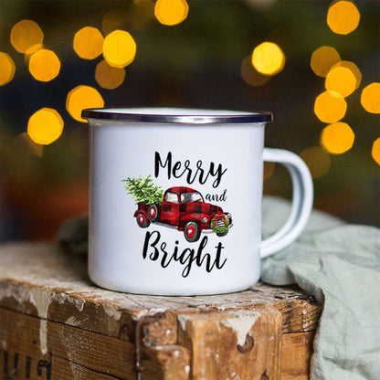 Merry and Bright Christmas Enamel Coffee Mugs