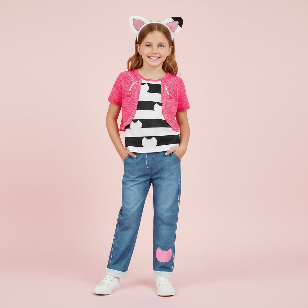 Children's outfit with pink and black top, blue pants, and cat ears headband on a white background