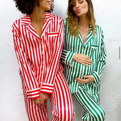 Silk Satin Striped Womens Christmas Pyjama Set