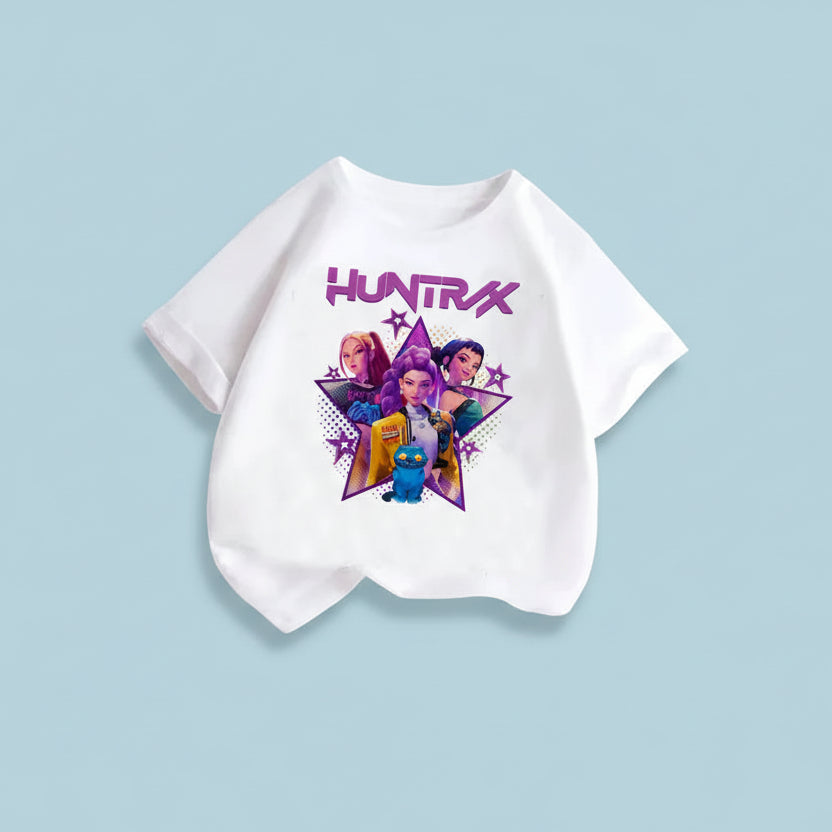 White t-shirt with 'Huntrix' graphic design on a light blue background