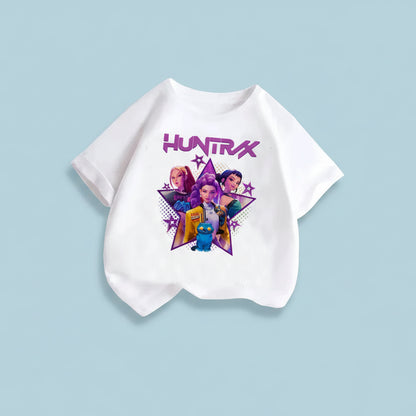 White t-shirt with 'Huntrix' graphic design on a light blue background