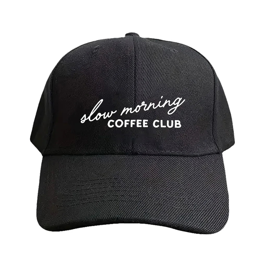 Black cap with 'slow morning COFFEE CLUB' text on a white background