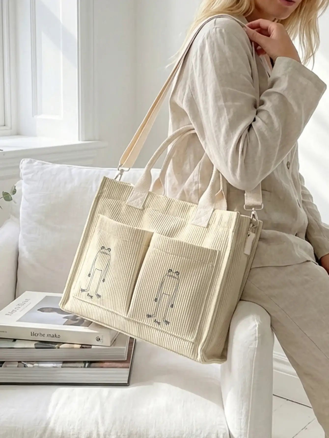 Frog Print Corduroy Tote Bag
