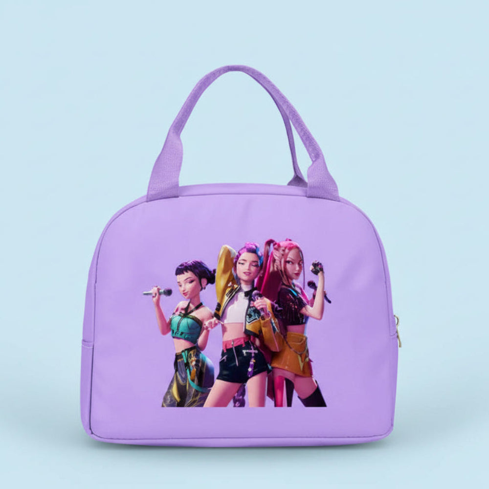 Purple bag with animated characters on a blue background