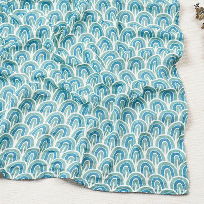 Textile with blue and green wave pattern on a white background