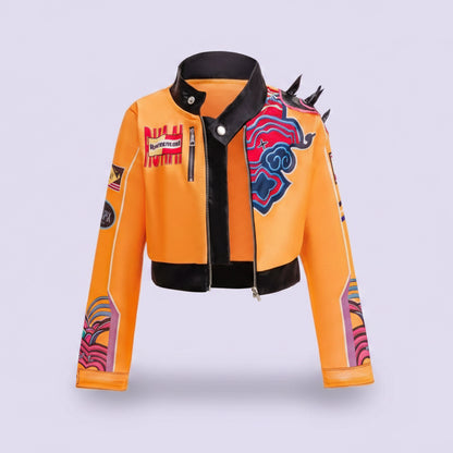 Orange jacket with colorful designs and patterns on a white background