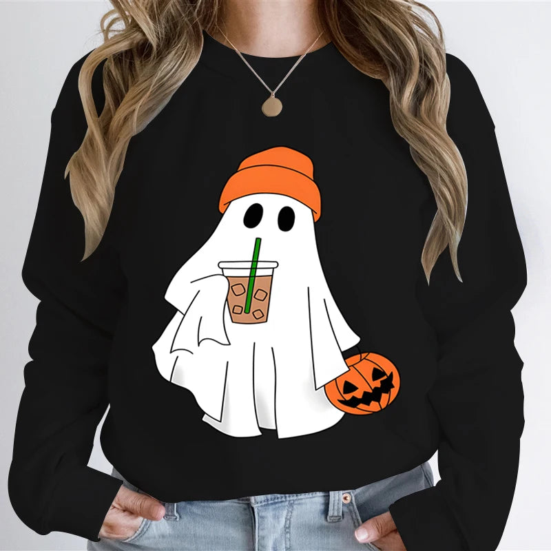 Black Halloween Ghost Coffee Graphic Sweatshirt