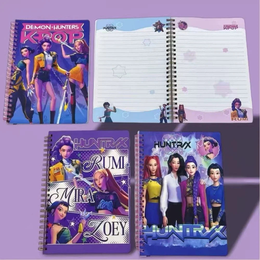 Notebooks with character illustrations on a purple background