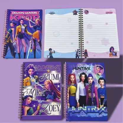 Notebooks with character illustrations on a purple background