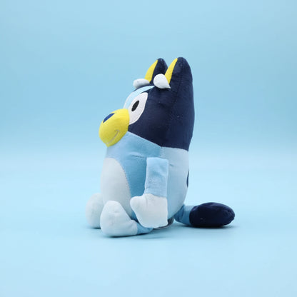 Plush toy with blue, yellow, and white colors on a white background