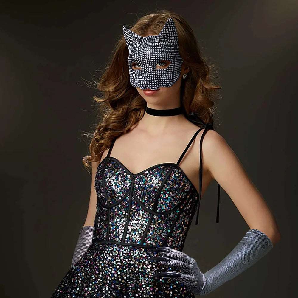 Bling Kitten Masquerade Ball Mask Halloween Costume silver