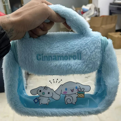 Blue plush bag with 'Cinnamoroll' branding held by a person.