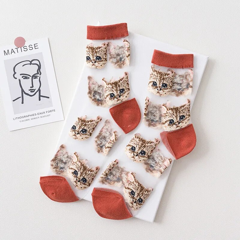 red Transparent Cute Cat Socks