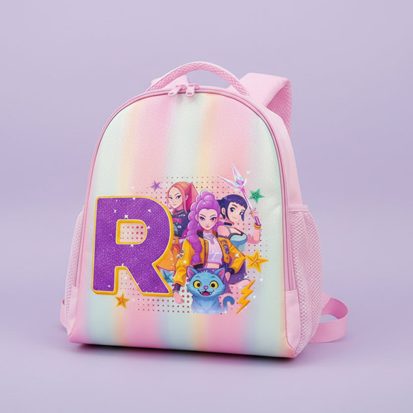 Colorful backpack with cartoon characters and a large purple 'R' on a light background.
